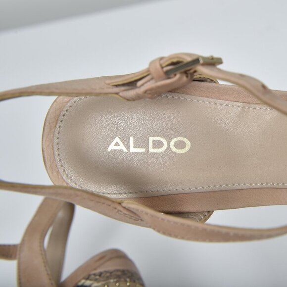Aldo Hugs Snake Embossed Block Heel Sandal Bone Open Toe Size 7.5 - Picture 10 of 14